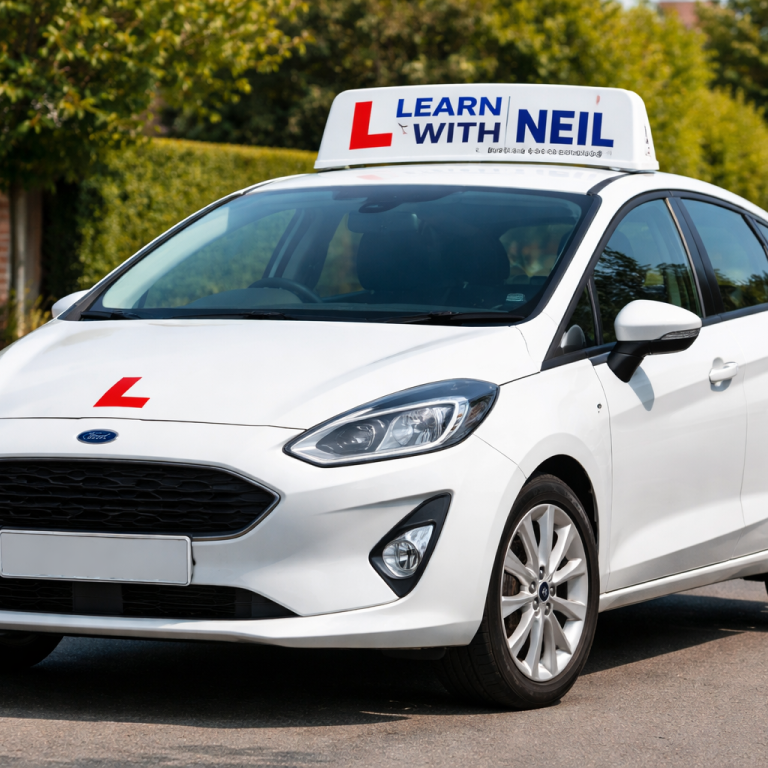 White Ford car with "Learn with Neil" learner driver sign on the roof.