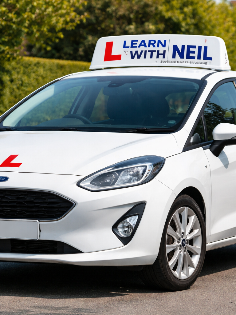 White car with a learner driver sign on top, branded "Learn with Neil."