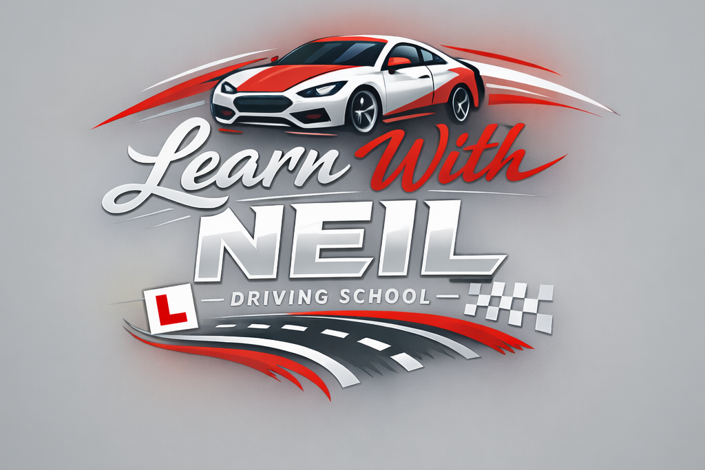 Logo for "Learn With Neil Driving School" featuring a red and white car and L plate.
