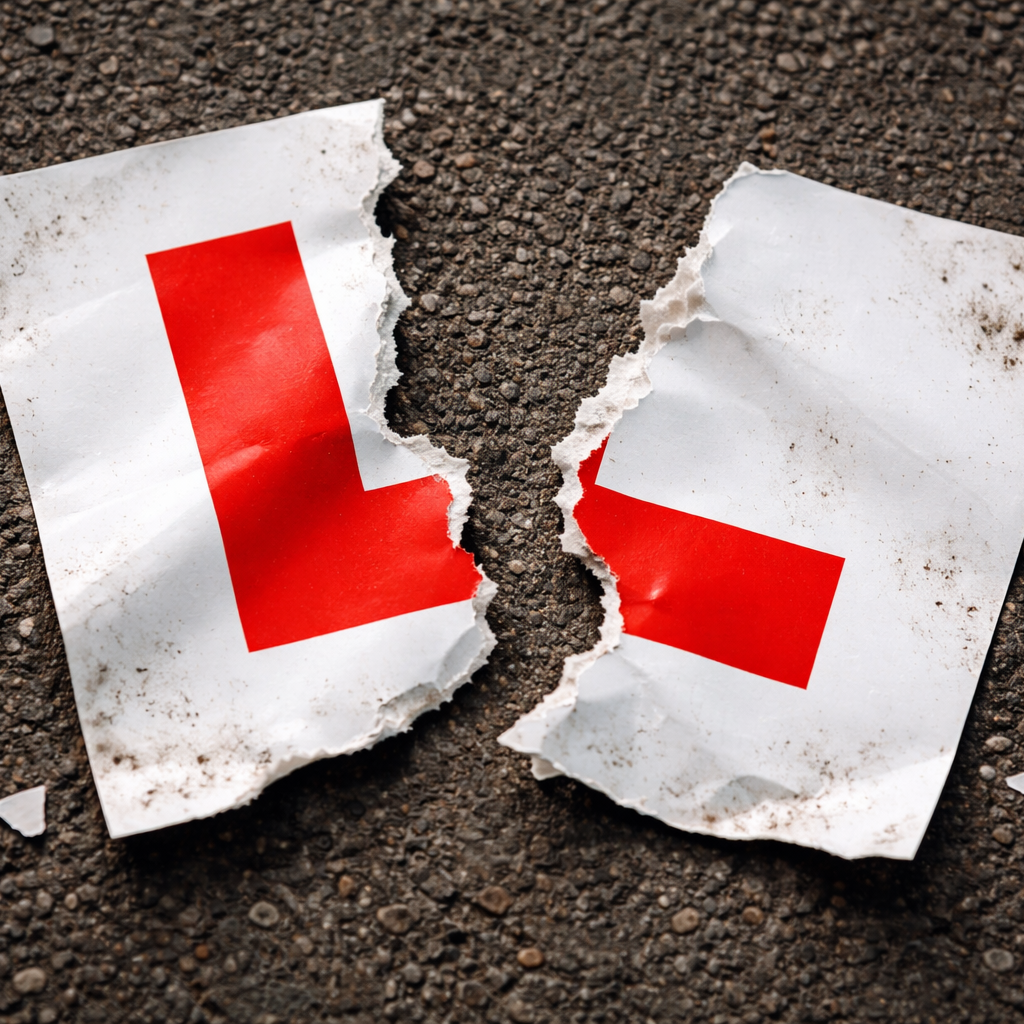Torn L-plates on a textured surface, symbolising learner drivers.